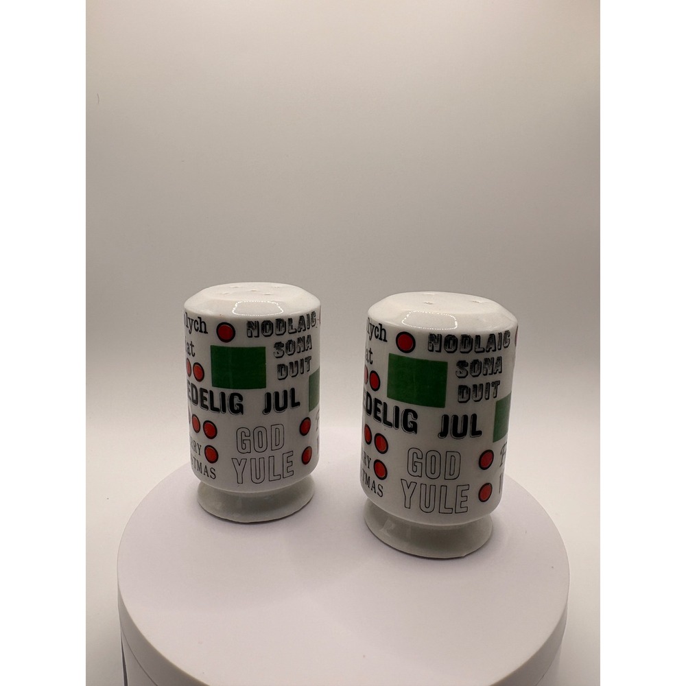 Vintage Japan Christmas Salt and Pepper Shakers Multilingual Holiday Set White
